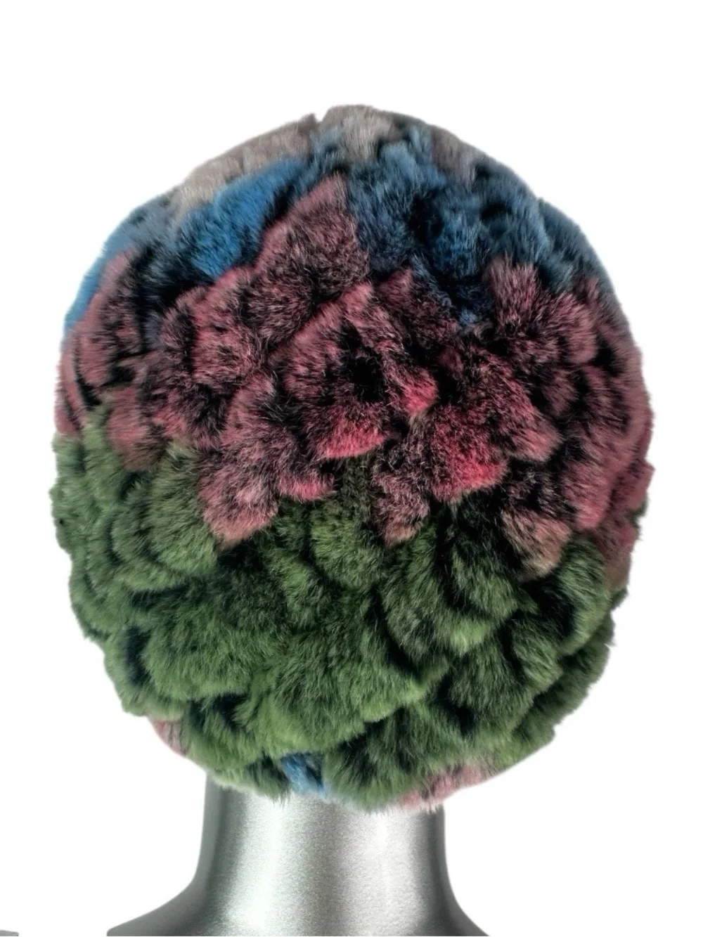 Blue Green Knitted REX RABBIT Hat, 21”-24” w/Stretch, Certified Vintage Fur